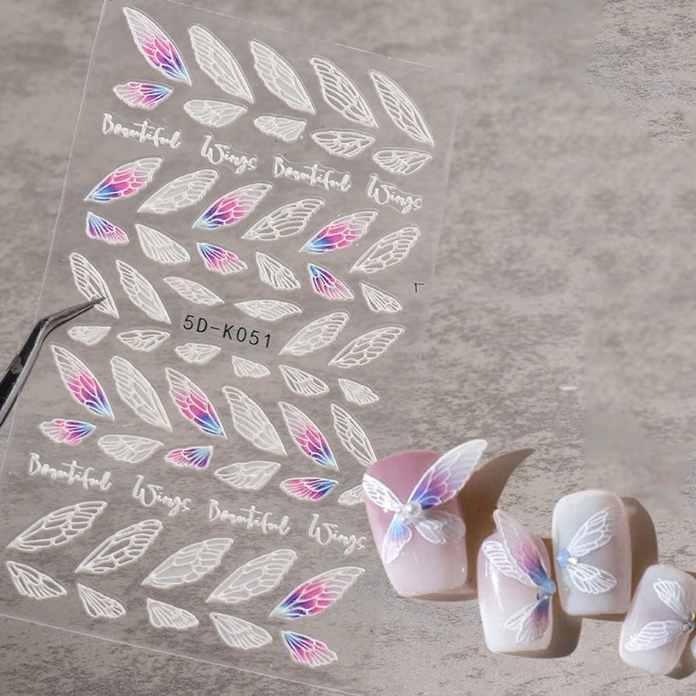 Rose Flower Nail Art Stickers, Butterfly Nail Art Supplies 5D Stereoscopic Embossed Nail Decals 5D Self-Adhesive Designer Nail Stickers Ballet Wing Floral Nail Designs for Acrylic Nails(5D-K051)