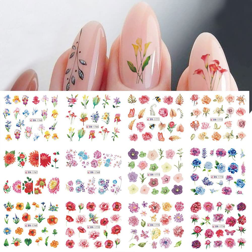 12 Sheets Water Transfer Flower Nail Stickers - DIY Manicure for Trendy Women & Girls - Fashionable Nail Art Decals Set