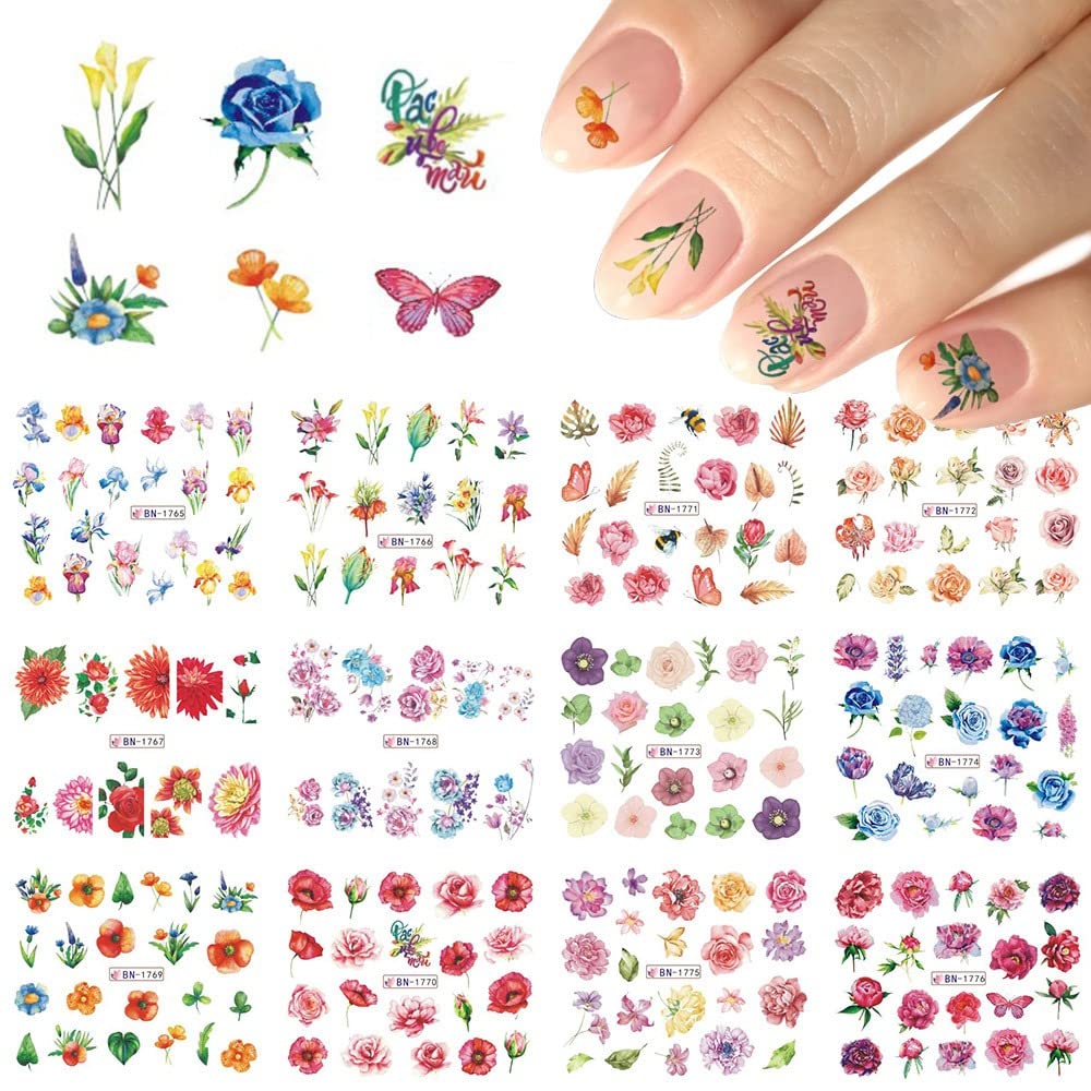 12 Sheets Water Transfer Flower Nail Stickers - DIY Manicure for Trendy Women & Girls - Fashionable Nail Art Decals Set