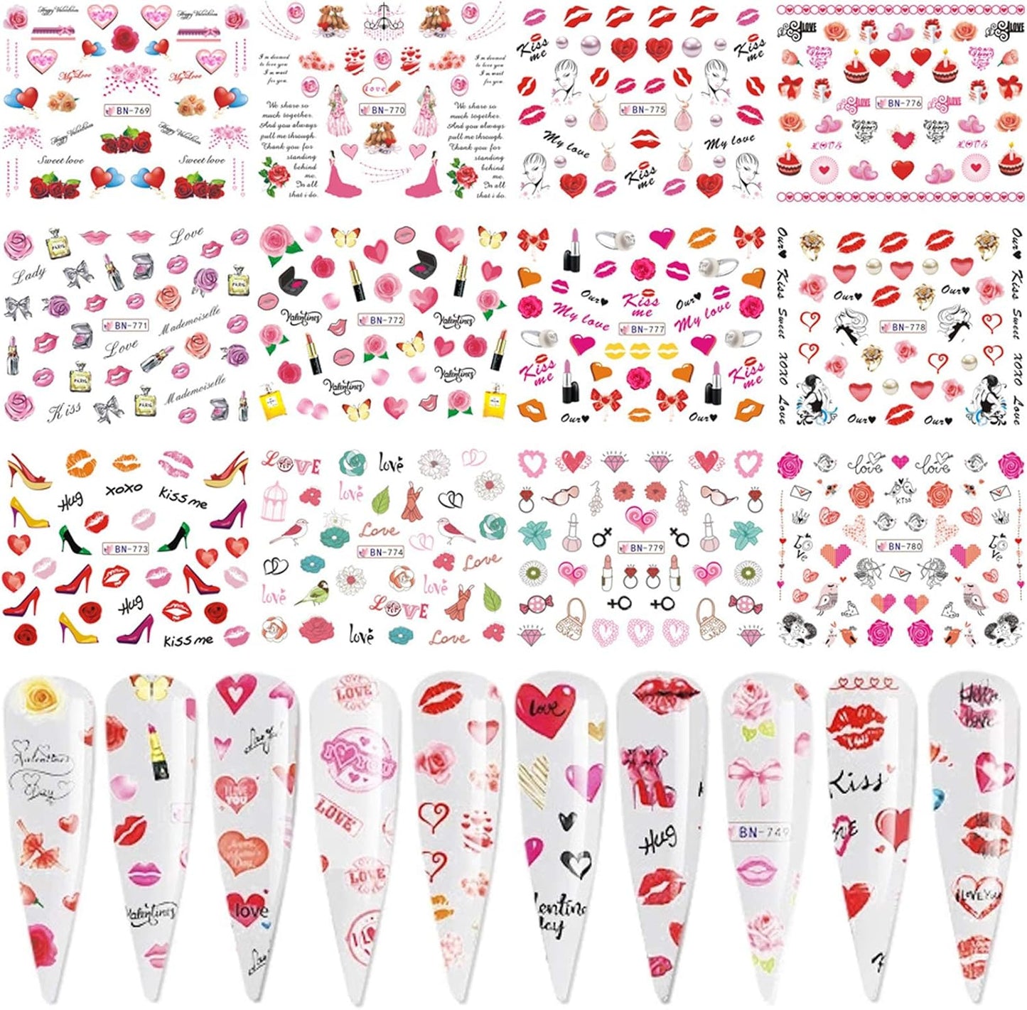 Valentine Nail Art Stickers Water Transfer Nail Decals Sexy Lips Love Lipstick Heart Rose Design Nail Sticker Manicure Tips Accessories Romantic Valentine's Day Nail Art Decorations (12 Sheets)
