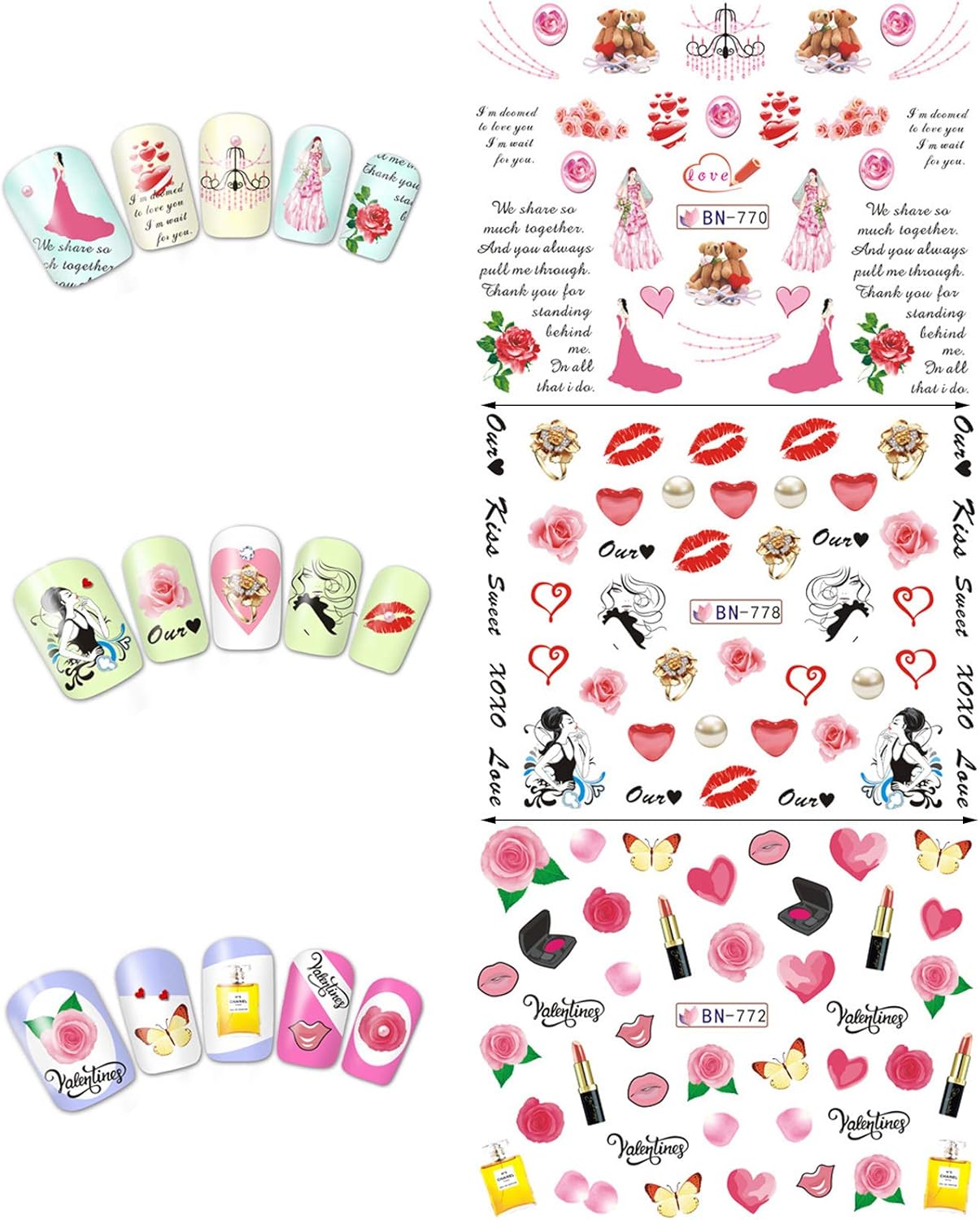 Valentine Nail Art Stickers Water Transfer Nail Decals Sexy Lips Love Lipstick Heart Rose Design Nail Sticker Manicure Tips Accessories Romantic Valentine's Day Nail Art Decorations (12 Sheets)