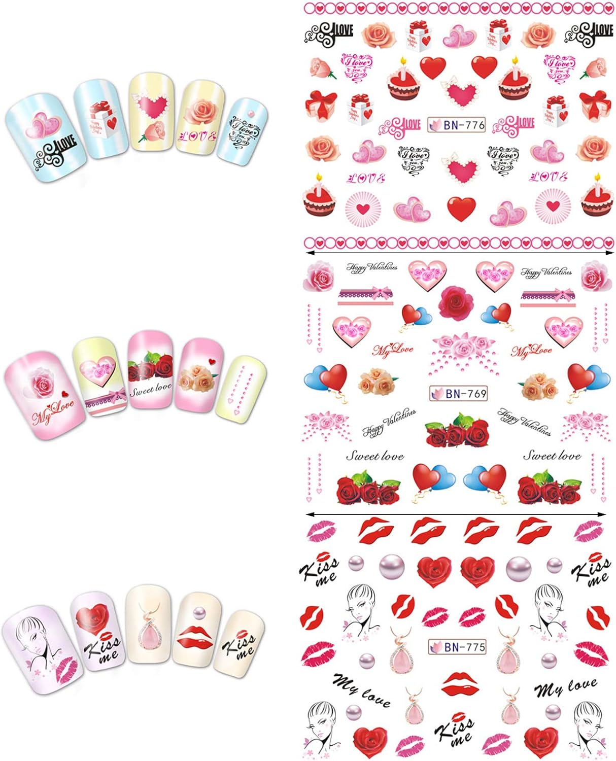 Valentine Nail Art Stickers Water Transfer Nail Decals Sexy Lips Love Lipstick Heart Rose Design Nail Sticker Manicure Tips Accessories Romantic Valentine's Day Nail Art Decorations (12 Sheets)