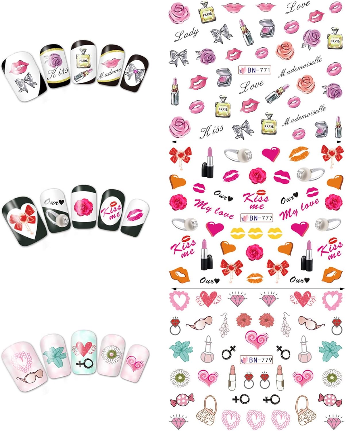 Valentine Nail Art Stickers Water Transfer Nail Decals Sexy Lips Love Lipstick Heart Rose Design Nail Sticker Manicure Tips Accessories Romantic Valentine's Day Nail Art Decorations (12 Sheets)