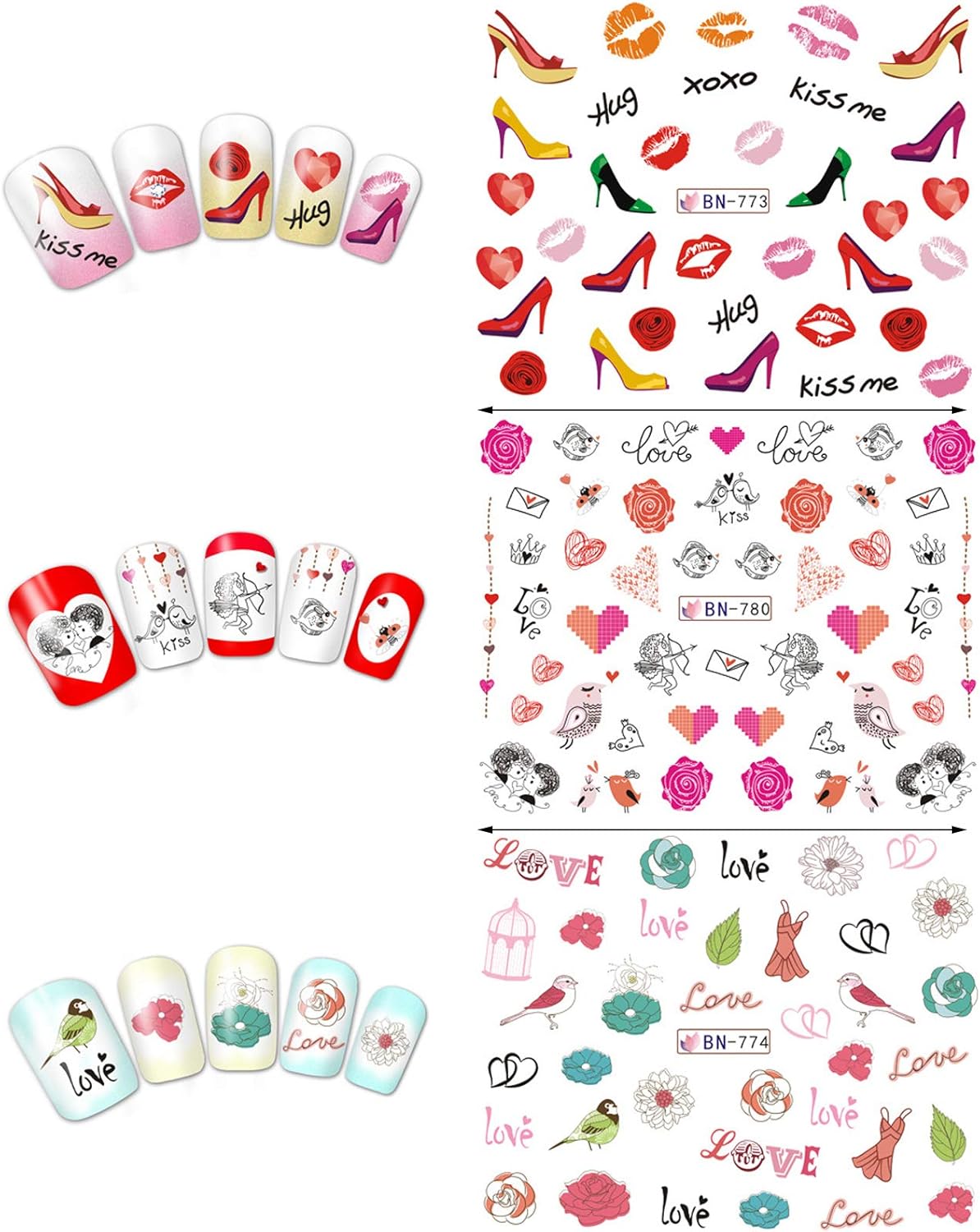 Valentine Nail Art Stickers Water Transfer Nail Decals Sexy Lips Love Lipstick Heart Rose Design Nail Sticker Manicure Tips Accessories Romantic Valentine's Day Nail Art Decorations (12 Sheets)