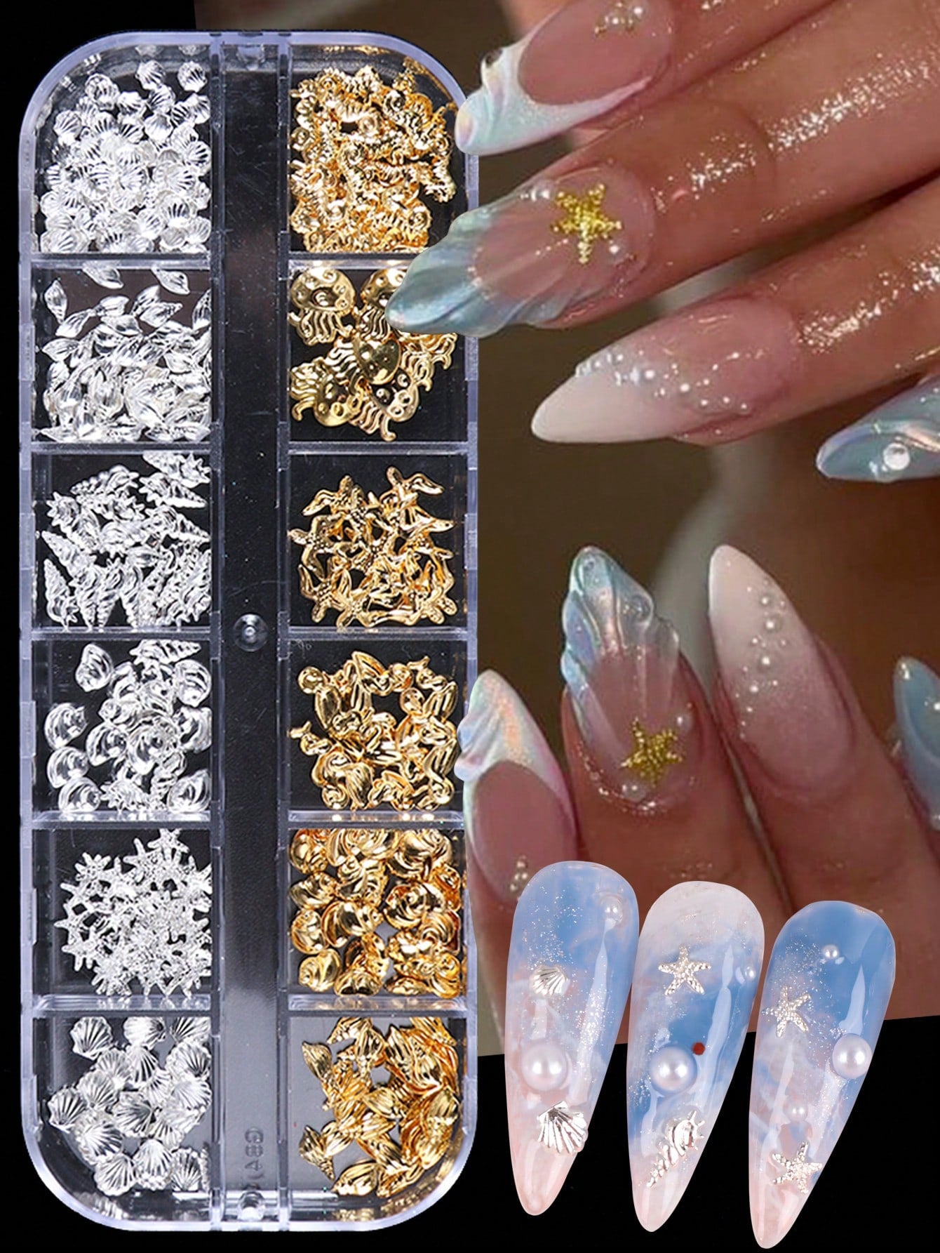 12 grids/box Nail Art Decorations Nail Rhinestones Mixed Colors AB Crystal Strass 3D Charm Gems, mix Pearls,Rivet,Shells shards,Shapes,Nails Tips