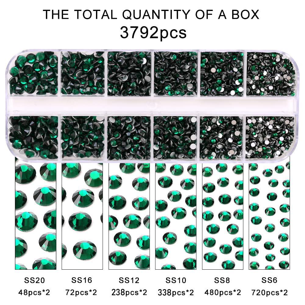 Rhinestones Flatback for Bedazzling,Small to Big Rhinestones Diamonds Kit, Flat Back Crystals Gems for Nail Art and Crafts, Clothes (Dark Green)