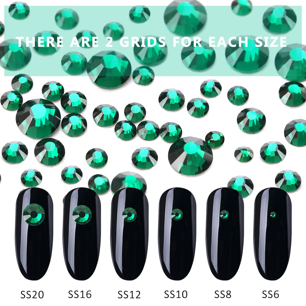 Rhinestones Flatback for Bedazzling,Small to Big Rhinestones Diamonds Kit, Flat Back Crystals Gems for Nail Art and Crafts, Clothes (Dark Green)