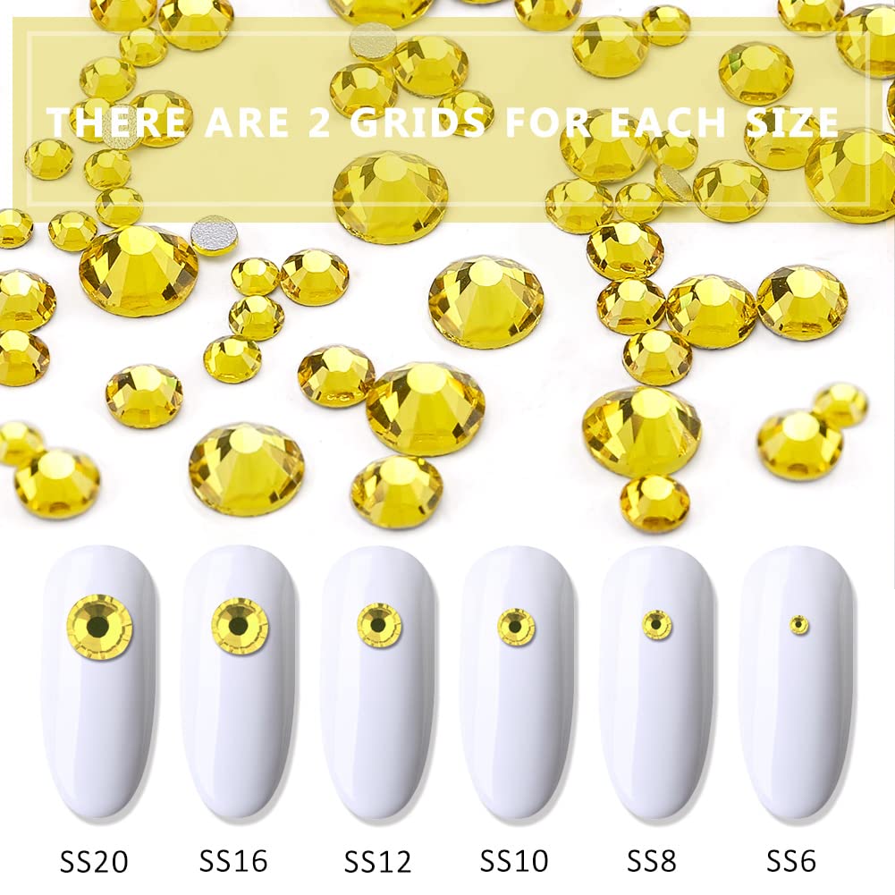 Rhinestones Flatback for Bedazzling,Small to Big Rhinestones Diamonds Kit, Flat Back Crystals Gems for Nail Art and Crafts, Clothes (Yellow)