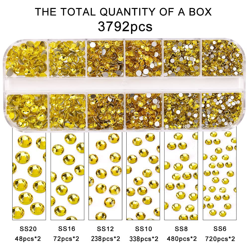 Rhinestones Flatback for Bedazzling,Small to Big Rhinestones Diamonds Kit, Flat Back Crystals Gems for Nail Art and Crafts, Clothes (Yellow)