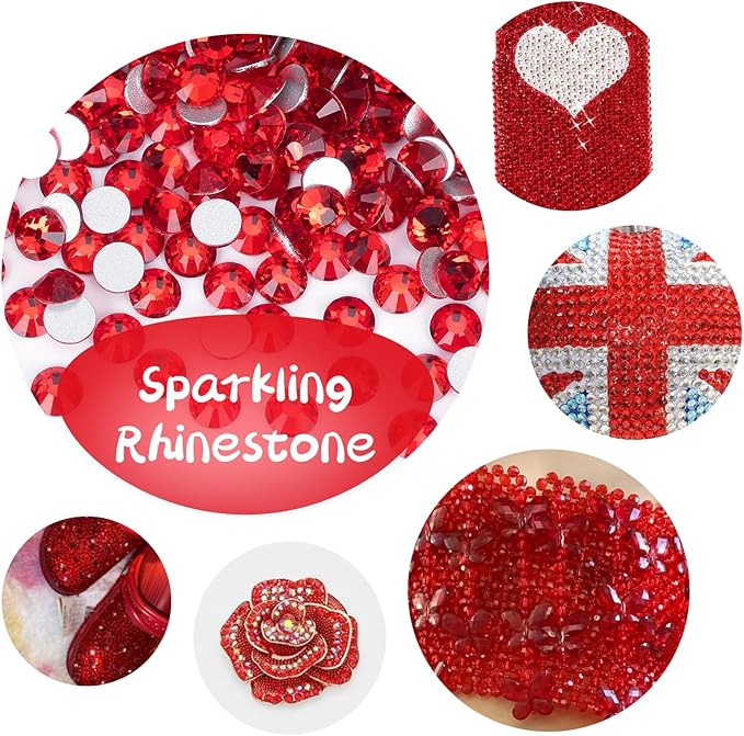 Rhinestones Flatback for Bedazzling,Small to Big Rhinestones Diamonds Kit, Flat Back Crystals Gems for Nail Art and Crafts, Clothes (Red)