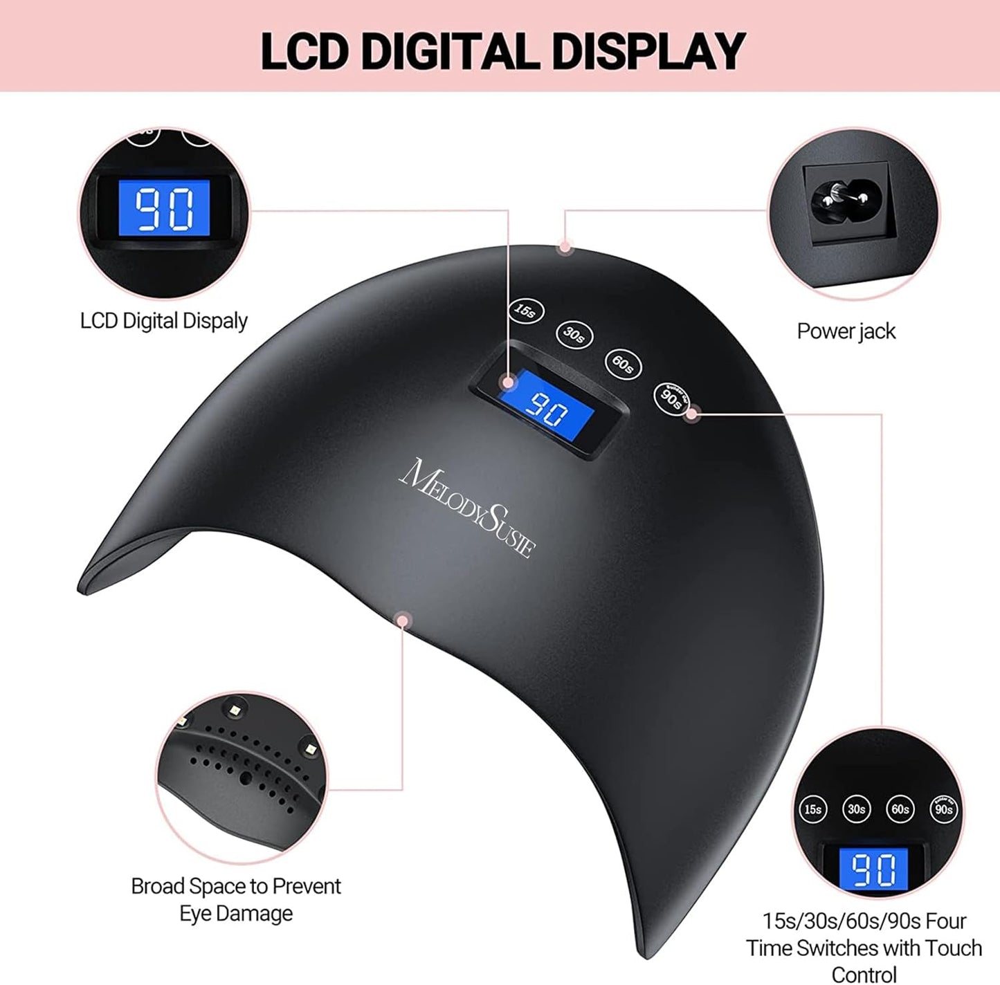 MelodySusie 48W LED UV Nail Lamp - Black, Energy Efficient, 365nm-405nm Wavelength, Compatible with Most Gels, 4 Timer Settings, Infrared Sensor, User-friendly Design, Widely Applications(P-Plus24T)