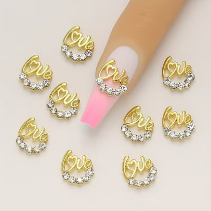 Lovely 3D Nail Art Charms with Shiny Rhinestones - Golden Metal "Love" Design, Meaningful Decorative Nail Jewelry, Nail Art Accessories 10pcs