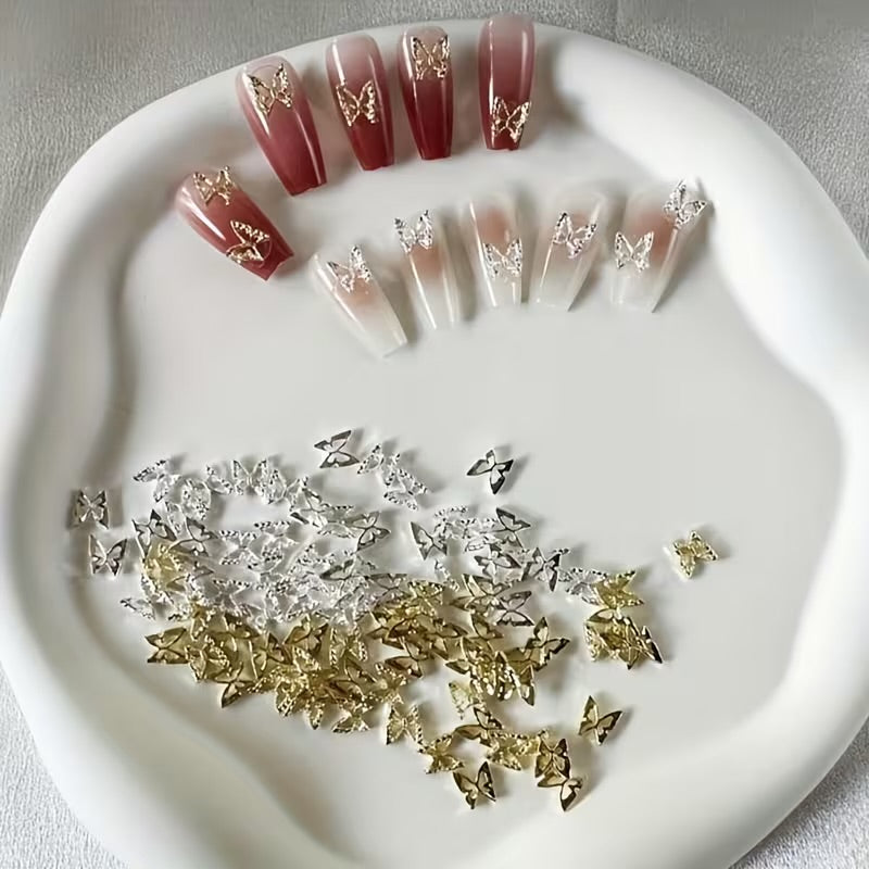 3D Butterfly Nail Charms, Silvery and Golden 100pcs