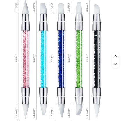 Nail Art Silicone Pen Brushes, Silicone Nail Art Acrylic Pen Brushes, Rhinestone Handle Double-Ended (Set of 5Pcs)