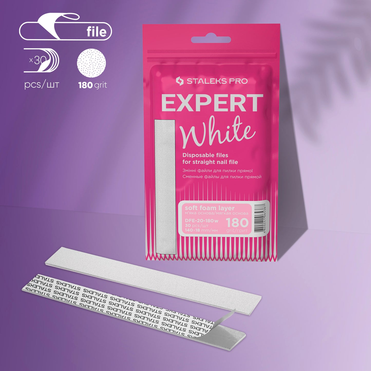 Staleks Pro-Disposable white files for straight nail file on a soft foam layer EXPERT 20 180 grit (30 pcs)