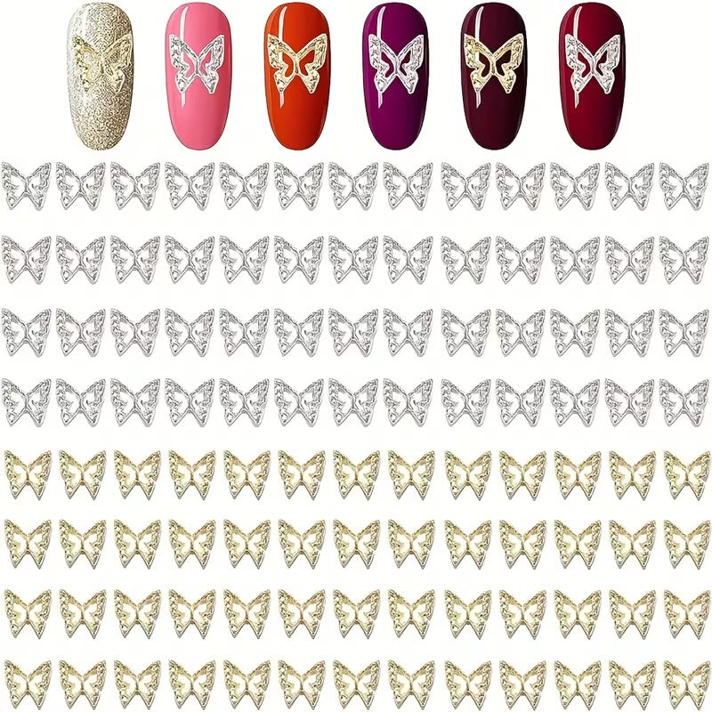 3D Butterfly Nail Charms, Silvery and Golden 100pcs