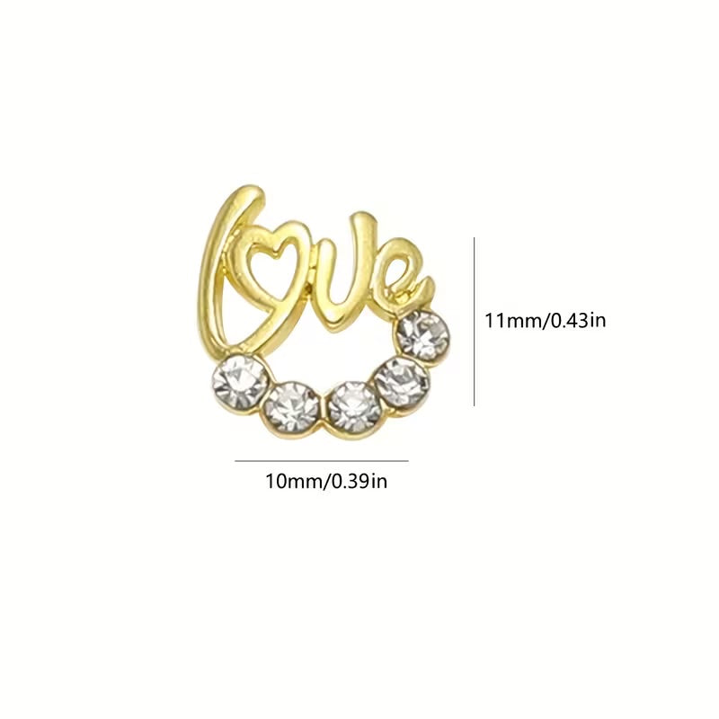 Lovely 3D Nail Art Charms with Shiny Rhinestones - Golden Metal "Love" Design, Meaningful Decorative Nail Jewelry, Nail Art Accessories 10pcs
