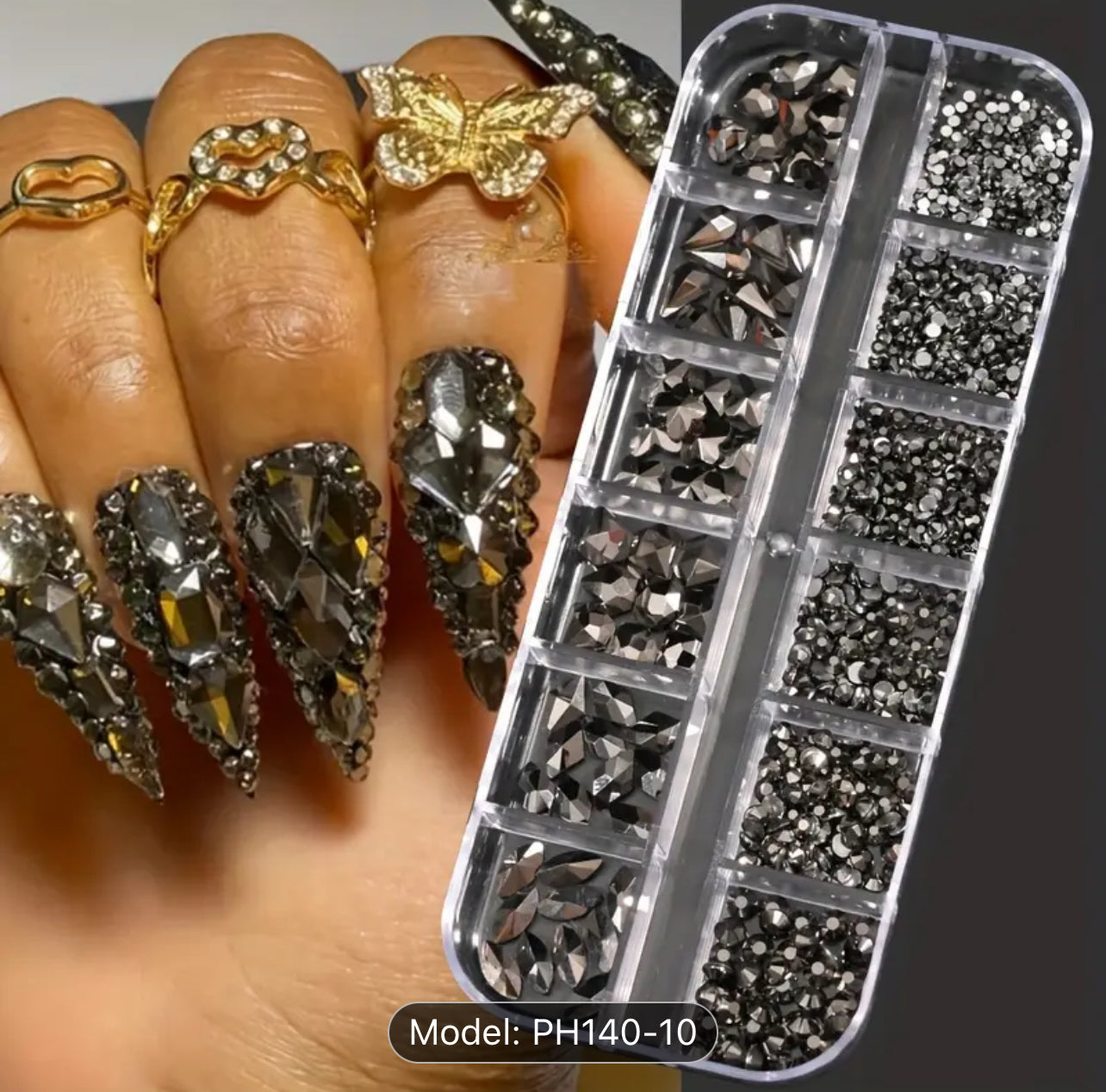 1000+ Pieces 12-Grid Nail Art Rhinestone Set - Vibrant 3D glass SHine black  color