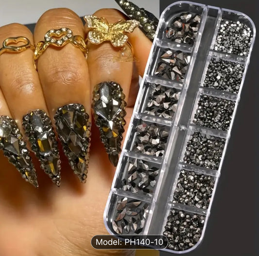 1000+ Pieces 12-Grid Nail Art Rhinestone Set - Vibrant 3D glass SHine black  color