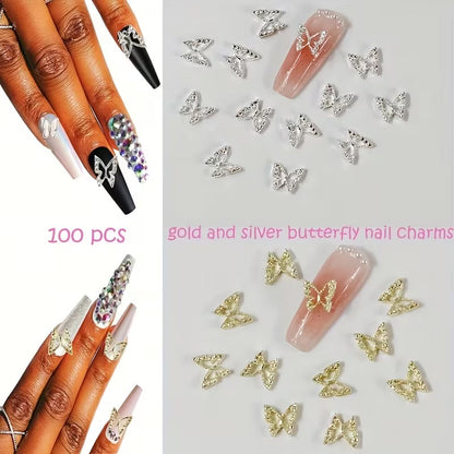 3D Butterfly Nail Charms, Silvery and Golden 100pcs