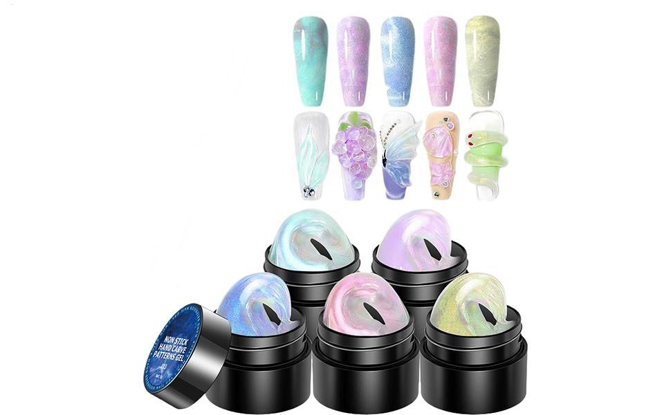 Rino-Solid Builder Gel 3D Nail Gel Art Non-Stick Hand Sculpture Hard Gel with Dual Form for 3D Modeling Nail Art Home Manicure DIY for Women(001-Aurora Green/002-Aurora Purple/003-Aurora Blue/004-Aurora Pink/005-Aurora Yellow)