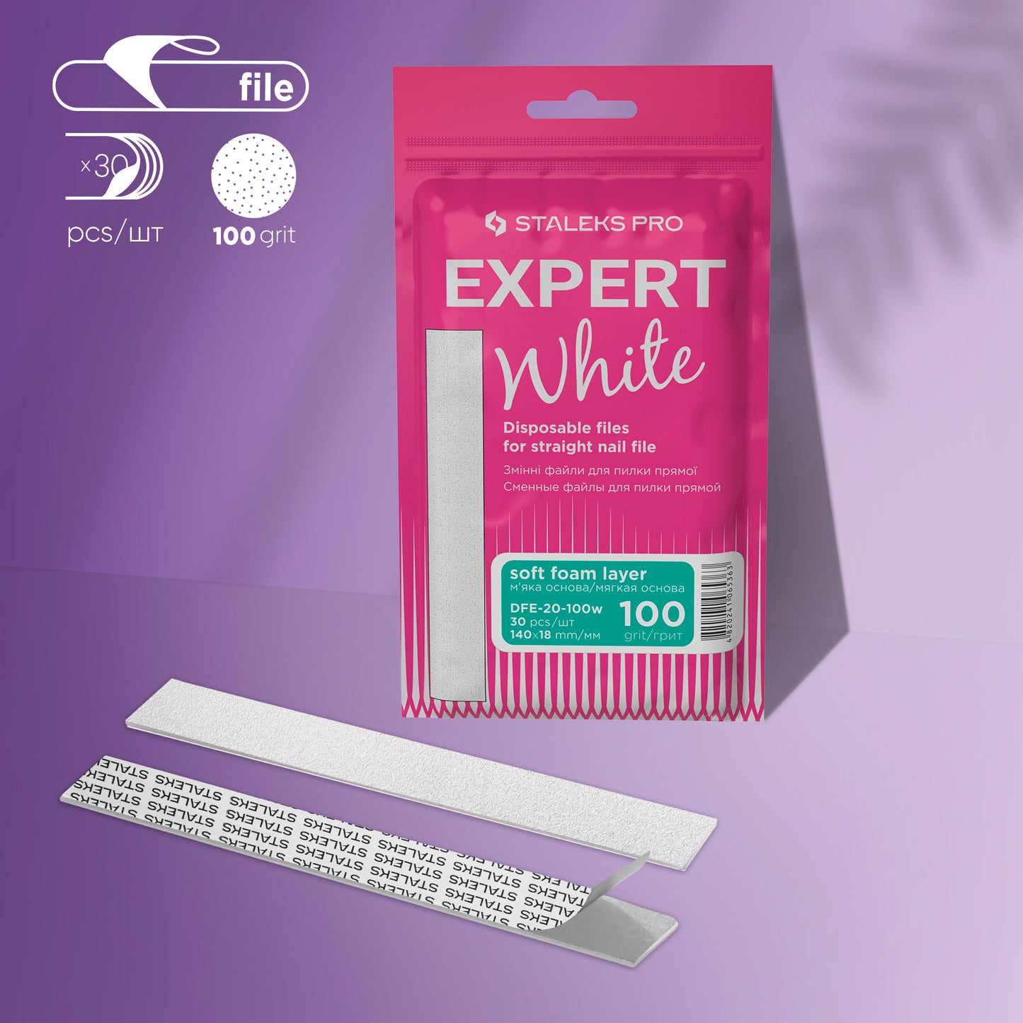 Staleks Pro-Disposable white files for straight nail file on a soft foam layer EXPERT 20 100 grit (30 pcs)