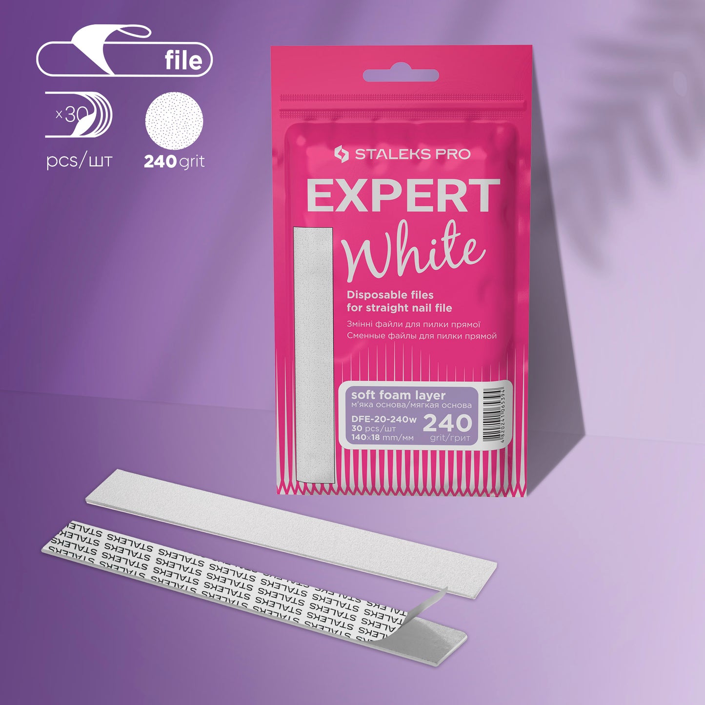 Staleks Pro-Disposable white files for straight nail file on a soft foam layer EXPERT 20 240 grit (30 pcs)