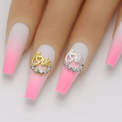 Lovely 3D Nail Art Charms with Shiny Rhinestones - Golden Metal "Love" Design, Meaningful Decorative Nail Jewelry, Nail Art Accessories 10pcs