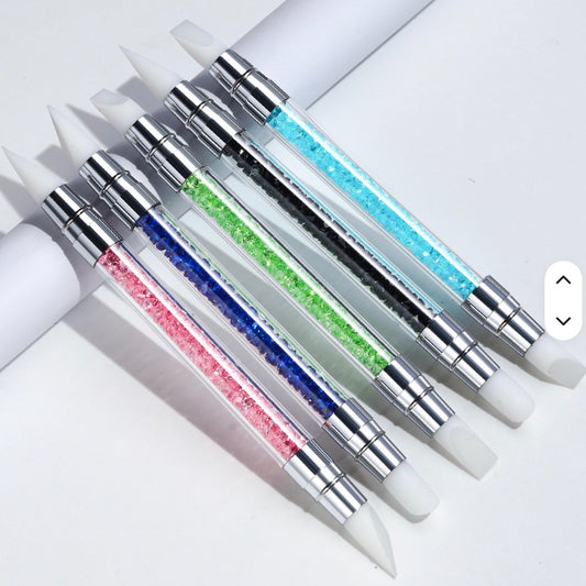 Nail Art Silicone Pen Brushes, Silicone Nail Art Acrylic Pen Brushes, Rhinestone Handle Double-Ended (Set of 5Pcs)
