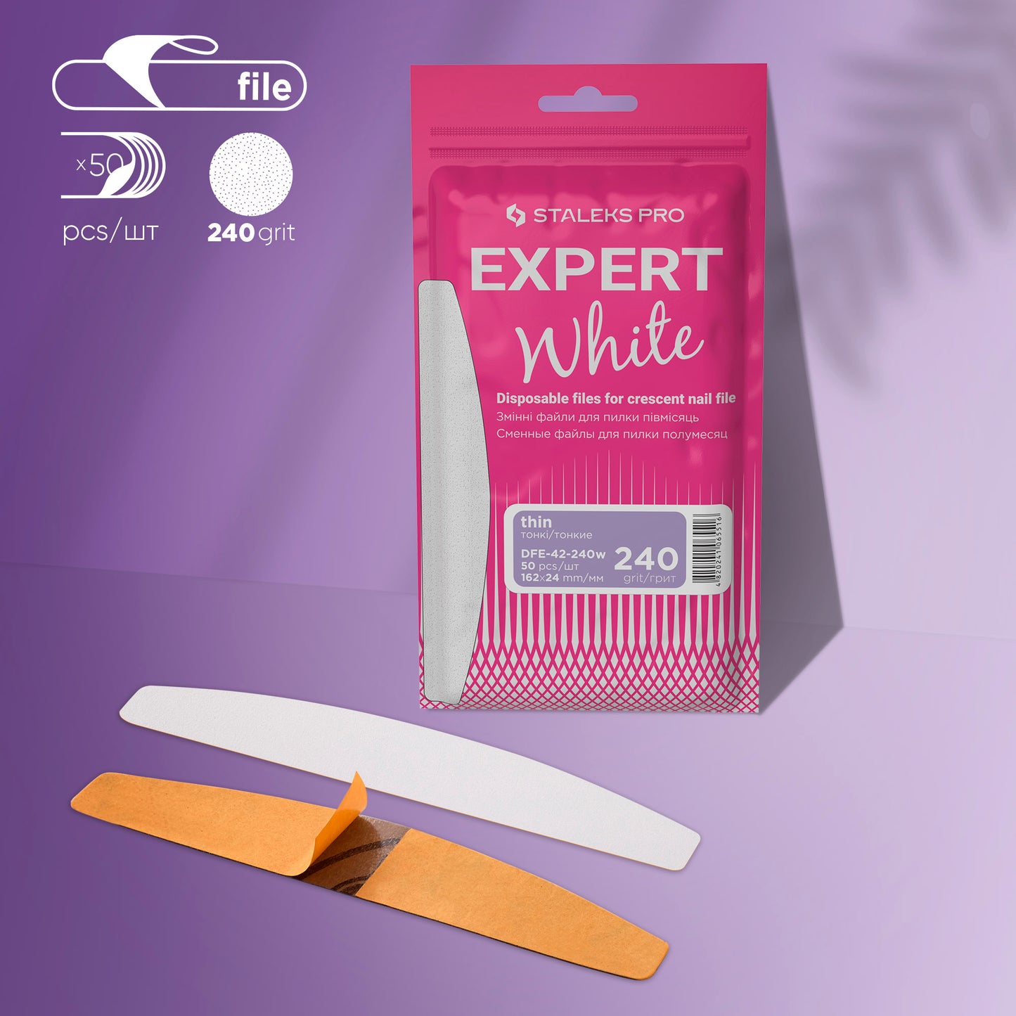Staleks Pro-Disposable thin white files for crescent nail file EXPERT 42 240 grit (50 pcs)