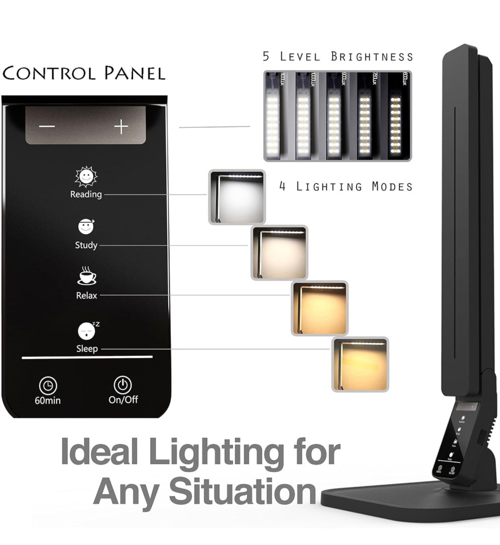 Lampat Dimmable LED Desk Lamp, 4 Lighting Modes (Reading/Studying/Relaxation/Bedtime), 5-Level Dimmer, Touch-Sensitive Control Panel, 1-Hour Auto Timer, 5V/1A USB Charging Port, Piano Black