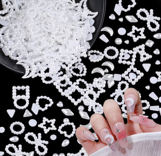 500Pcs White Half Pearls Heart Nail Beads Mixed Styles 3D Flatback Hollow Pearls Heart Star Moon Multi Shapes Rectangle Nail Charms (Muiti Shapes)