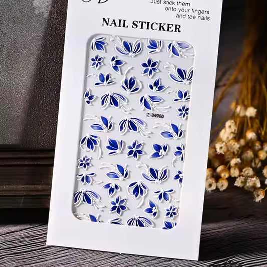 5D Blue Floral Nail Stickers | Embossed Acrylic Decals for Manicures (Z-D4960)