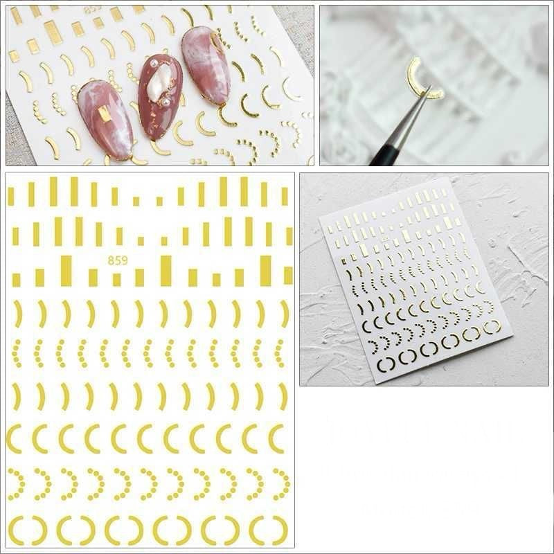 Gold Chains Nail Art Adhesive Stickers, 3D Metallic Chains Line Rectangular Half Circle Shape Nail Decoration, Holographic Glitter for Women Manicure Tips(DP-326)