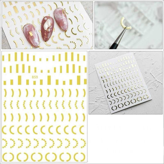 Gold Chains Nail Art Adhesive Stickers, 3D Metallic Chains Line Rectangular Half Circle Shape Nail Decoration, Holographic Glitter for Women Manicure Tips(DP-326)