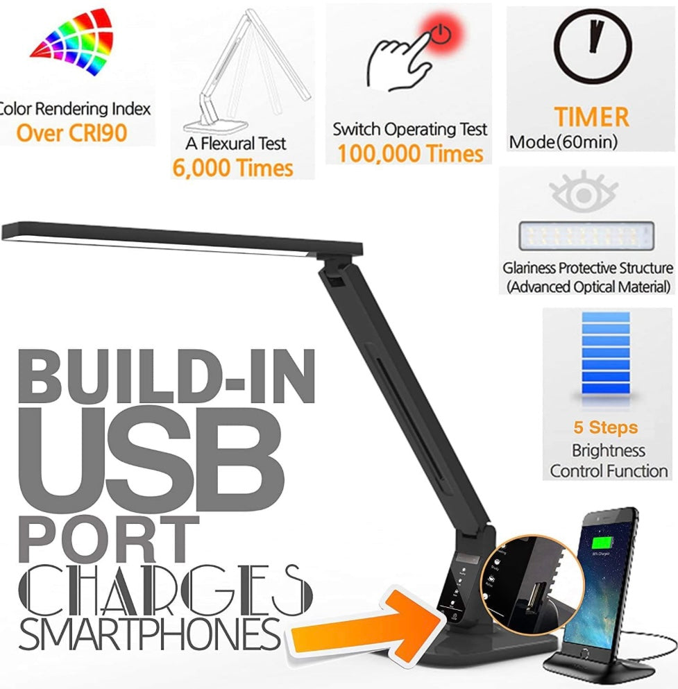 Lampat Dimmable LED Desk Lamp, 4 Lighting Modes (Reading/Studying/Relaxation/Bedtime), 5-Level Dimmer, Touch-Sensitive Control Panel, 1-Hour Auto Timer, 5V/1A USB Charging Port, Piano Black