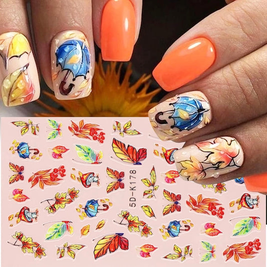 5D Fall Nail Stickers, Maple Leaves Nail Decals Embossed Autumn Nail Art Supplies Pumpkin Butterfly Rose Maple Leaf Nail Design Self Adhesive Nail Accessories Thanksgiving Day Nail Decoration (5D-K178)