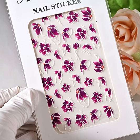 5D Purple Floral Nail Stickers | Embossed Acrylic Decals for Manicures (Z-D4962)