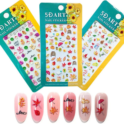Fall Maple Nail Art Stickers Decals Autumn Nail Supplies 5D Stereoscopic Embossed Yellow Leaves Flowers Fruit Harvest Season Nail Design Self-Adhesive Charms Nail Decoration for Acrylic Nail(5D-K092)
