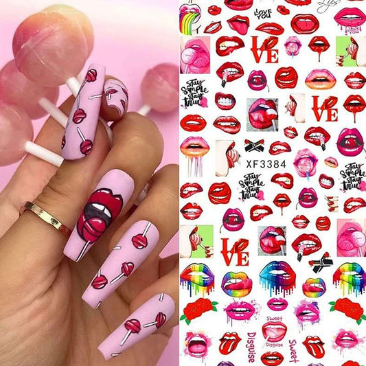 Bad Girl Nail Art Stickers Decals Nail Art Supplies Valentines Day 3D Self-Adhesive Nail Decorations Accessories Fashion Manicure Designs Sexy Lips Cool Girl Self Adhesive(Z-D5285)