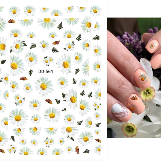 Spring Daisy Sunflower Nail Art Stickers Decals 3D Self Adhesive Cute Smile Face Summer White Yellow Flowers Floral Design Manicure Tips Nail Decoration for Women Girls Kids(DD-564)