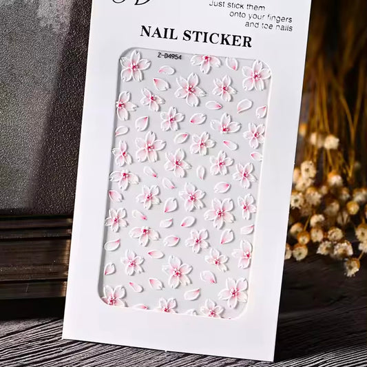5D White and Pink Floral with Petals Nail Stickers | Embossed Acrylic Decals for Manicures (Z-D4954)