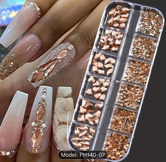 1000+ Pieces 12-Grid Nail Art Rhinestone Set - Vibrant 3D glass rose color