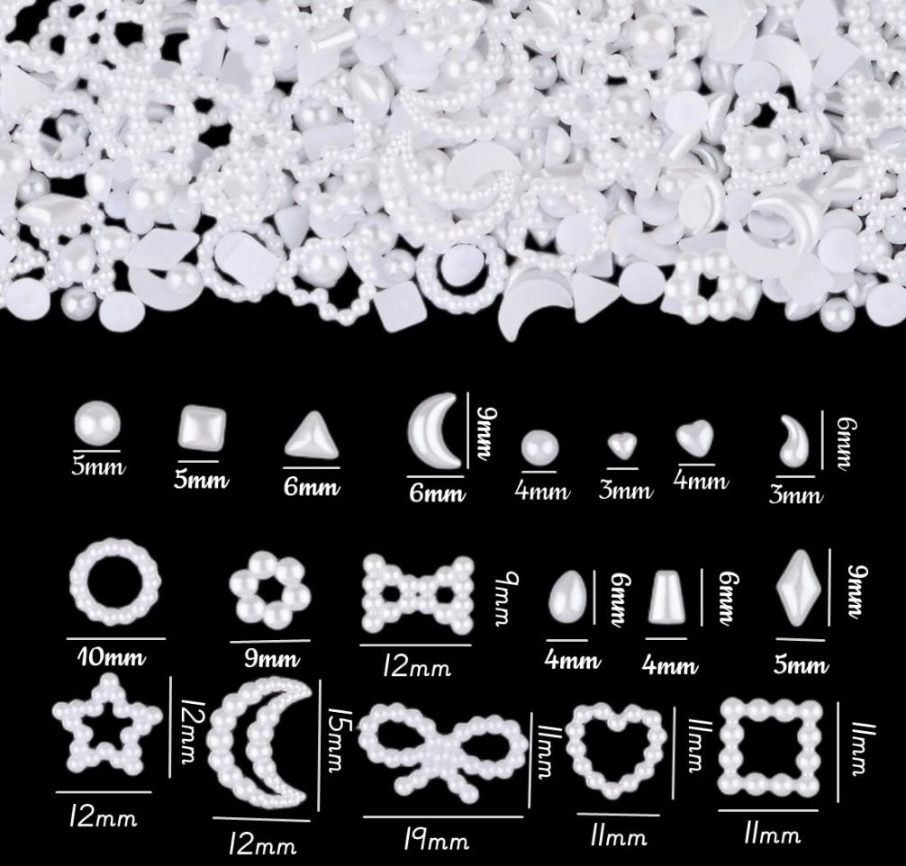 500Pcs White Half Pearls Heart Nail Beads Mixed Styles 3D Flatback Hollow Pearls Heart Star Moon Multi Shapes Rectangle Nail Charms (Muiti Shapes)
