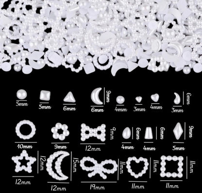 500Pcs White Half Pearls Heart Nail Beads Mixed Styles 3D Flatback Hollow Pearls Heart Star Moon Multi Shapes Rectangle Nail Charms (Muiti Shapes)