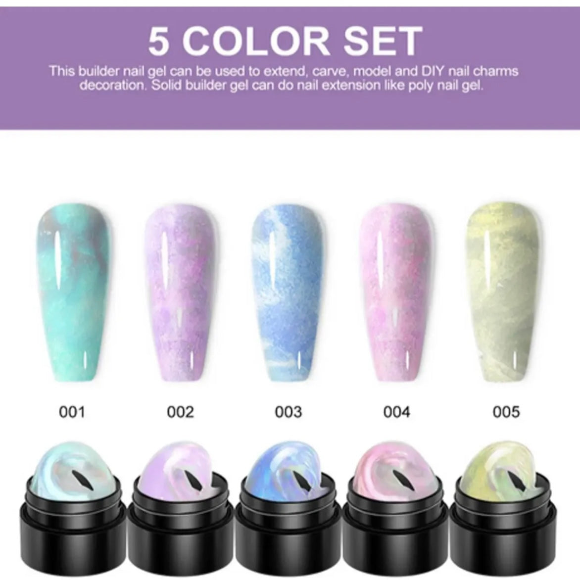 Rino-Solid Builder Gel 3D Nail Gel Art Non-Stick Hand Sculpture Hard Gel with Dual Form for 3D Modeling Nail Art Home Manicure DIY for Women(001-Aurora Green/002-Aurora Purple/003-Aurora Blue/004-Aurora Pink/005-Aurora Yellow)