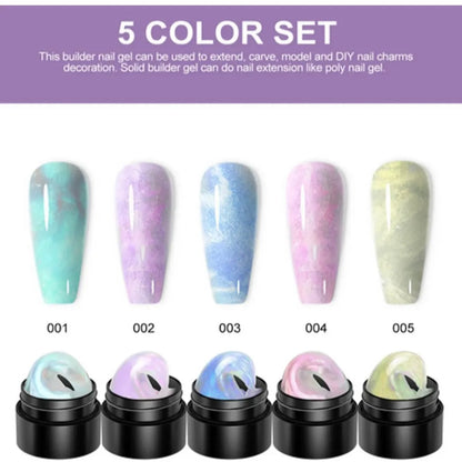 Rino-Solid Builder Gel 3D Nail Gel Art Non-Stick Hand Sculpture Hard Gel with Dual Form for 3D Modeling Nail Art Home Manicure DIY for Women(001-Aurora Green/002-Aurora Purple/003-Aurora Blue/004-Aurora Pink/005-Aurora Yellow)