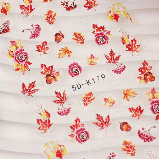 5D Fall Nail Stickers, Maple Leaves Nail Decals Embossed Autumn Nail Art Supplies Pumpkin Butterfly Rose Maple Leaf Nail Design Self Adhesive Nail Accessories Thanksgiving Day Nail Decoration (5D-K179)