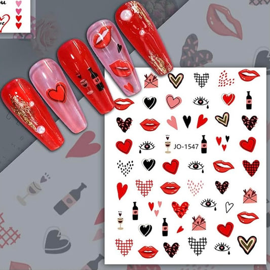Valentines Day Nail Art Stickers for Acrylics Nails Decoration of Hearts Break and Love Letters and Wine(Z-D5151)(All red only)