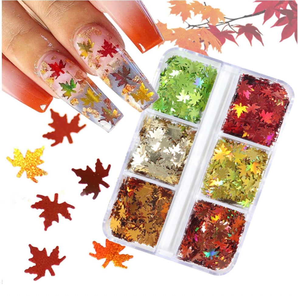 Maple Leaf Nail Art Glitters Fall Nail Sequins 3D Holographic Fall Nail Art Flakes 6 Grids Autumn Nail Glitter Sequins Laser Maple Leaves Nail Flakes for Women DIY Thanksgiving Nails Decoration Makeup